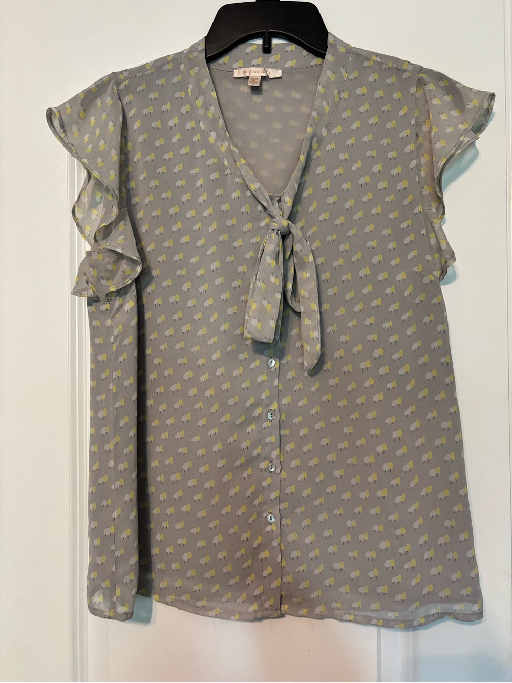 Skies Are Blue Light Gray Tie-Neck Flutter Sleeve Blouse Yellow Pear Print Small